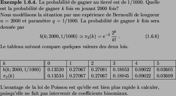\begin{example}
La probabilit\'e de gagner au tierc\'e est de $1/1000$. Quelle e...
...er, puisqu'elle ne fait pas intervenir de coefficients binomiaux.
\end{example}