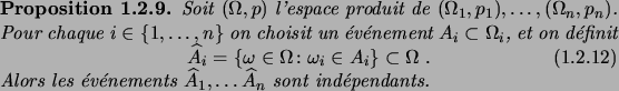 \begin{prop}
Soit $(\Omega,p)$\ l'espace produit de $(\Omega_1,p_1), \dots,
(\Om...
...v\'enements $\widehat A_1, \dots \widehat A_n$\ sont
ind\'ependants.
\end{prop}