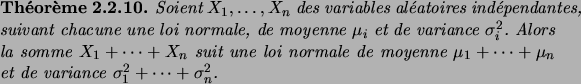 \begin{theorem}
Soient $X_1,\dots,X_n$\ des variables al\'eatoires ind\'ependant...
...\mu_1+\dots+\mu_n$\ et de variance $\sigma_1^2+\dots+\sigma_n^2$.
\end{theorem}