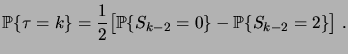 $\displaystyle \prob{\tau=k} = \frac12 \bigbrak{\prob{S_{k-2}=0} - \prob{S_{k-2}=2}}\;.$